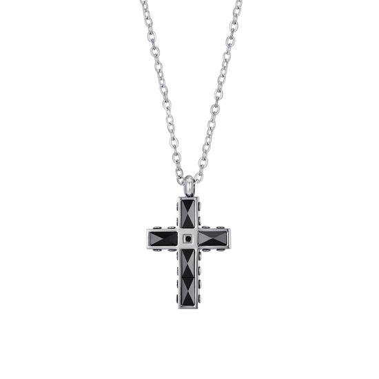 MEN'S STEEL CROSS AND BLACK CERAMIC NECKLACE WITH BLACK CRYSTAL