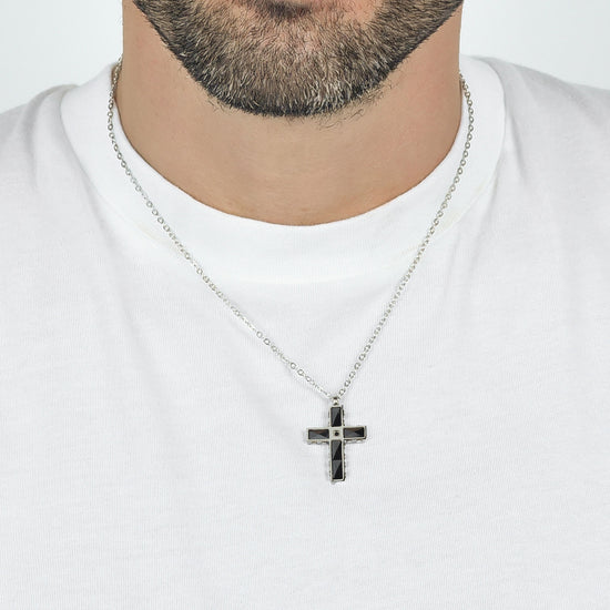 MEN'S STEEL CROSS AND BLACK CERAMIC NECKLACE WITH BLACK CRYSTAL