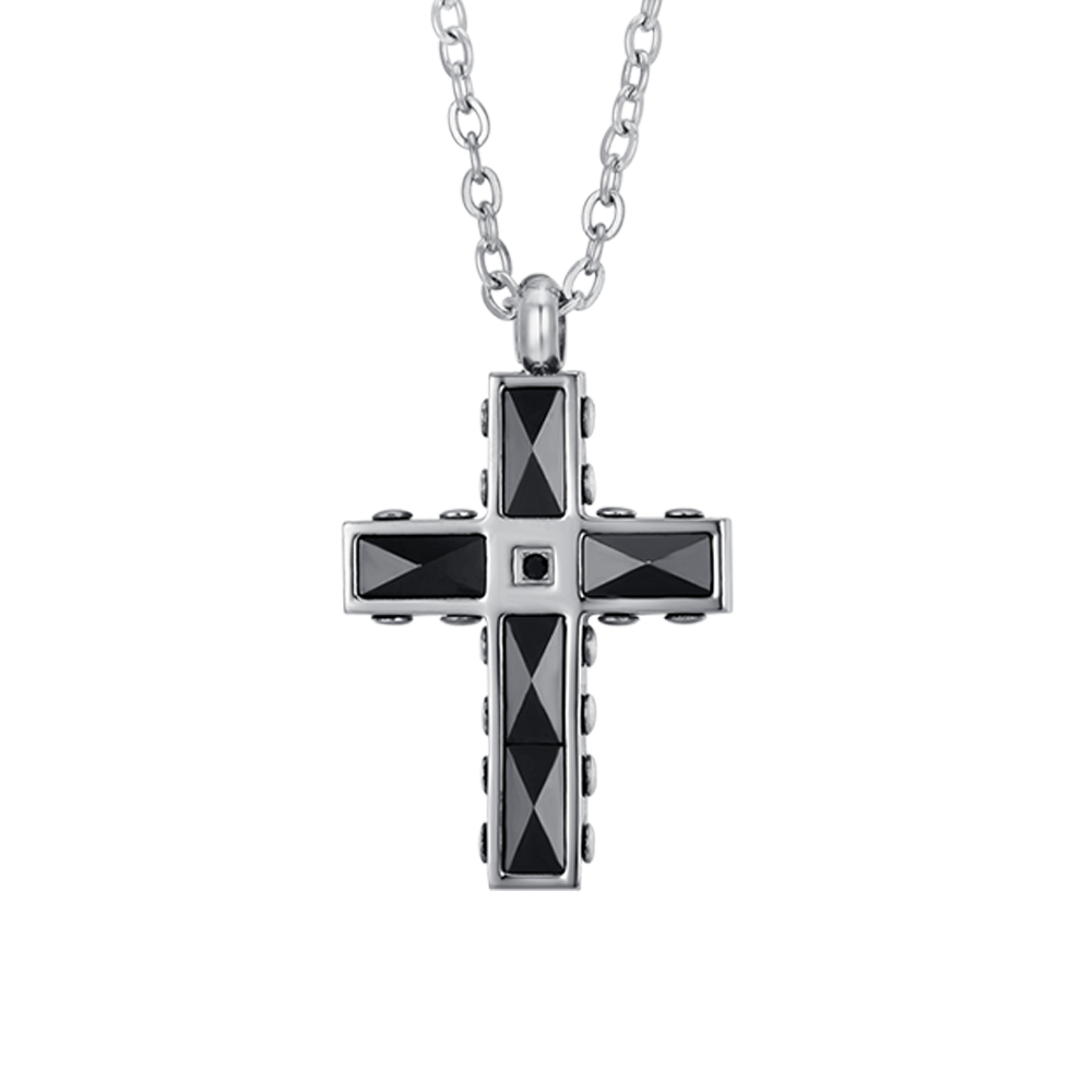 MEN'S STEEL CROSS AND BLACK CERAMIC NECKLACE WITH BLACK CRYSTAL