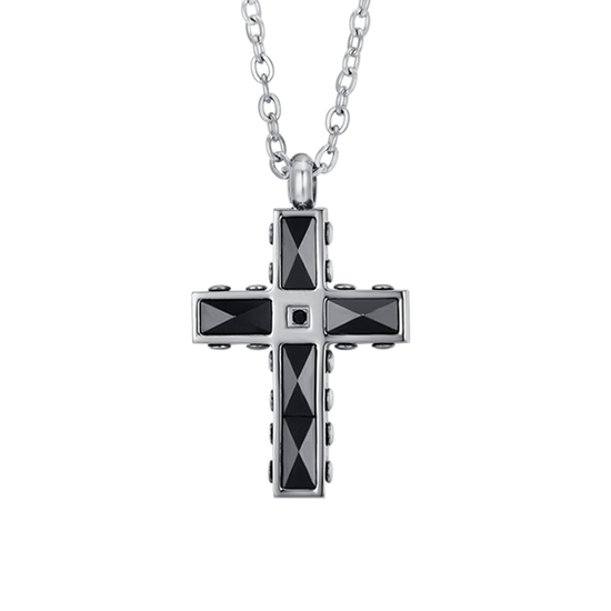 MEN'S STEEL CROSS AND BLACK CERAMIC NECKLACE WITH BLACK CRYSTAL