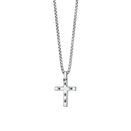 MEN'S STEEL CROSS NECKLACE WITH BLACK CRYSTALS