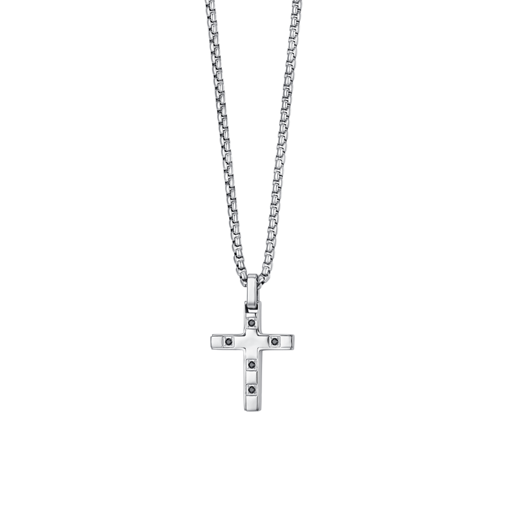 MEN'S STEEL CROSS NECKLACE WITH BLACK CRYSTALS