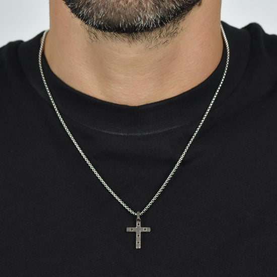 MEN'S STEEL CROSS NECKLACE WITH BLACK CRYSTALS