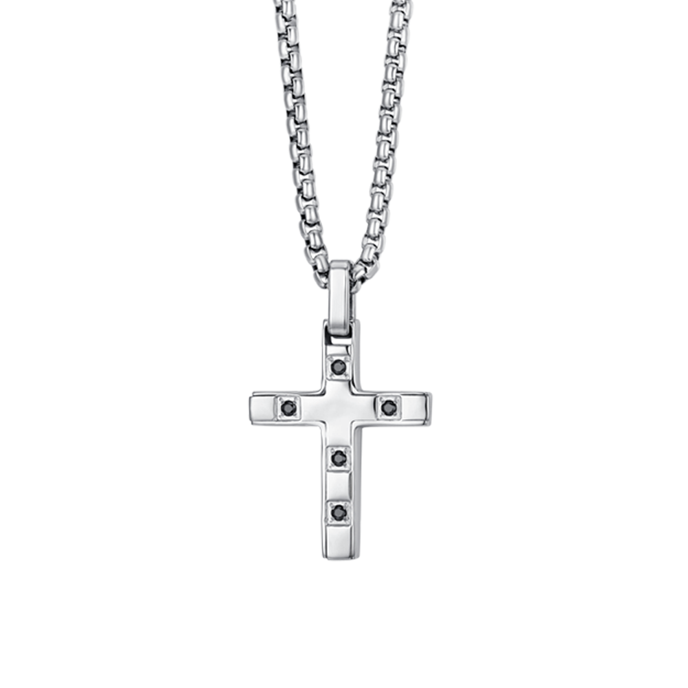 MEN'S STEEL CROSS NECKLACE WITH BLACK CRYSTALS