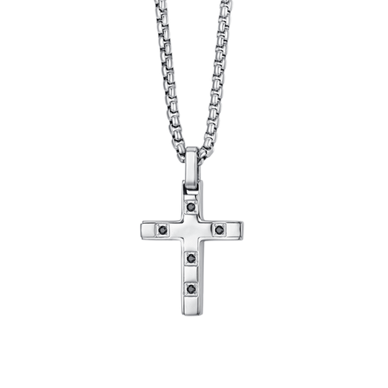 MEN'S STEEL CROSS NECKLACE WITH BLACK CRYSTALS