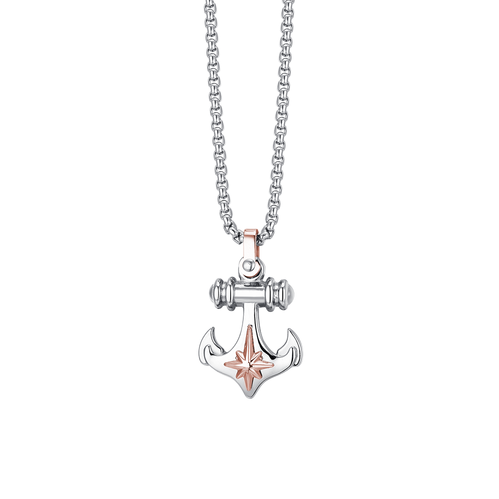 MEN'S STEEL ANCHOR AND COMPASS ROSE NECKLACE