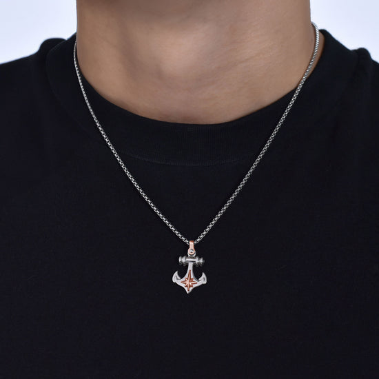 MEN'S STEEL ANCHOR AND COMPASS ROSE NECKLACE