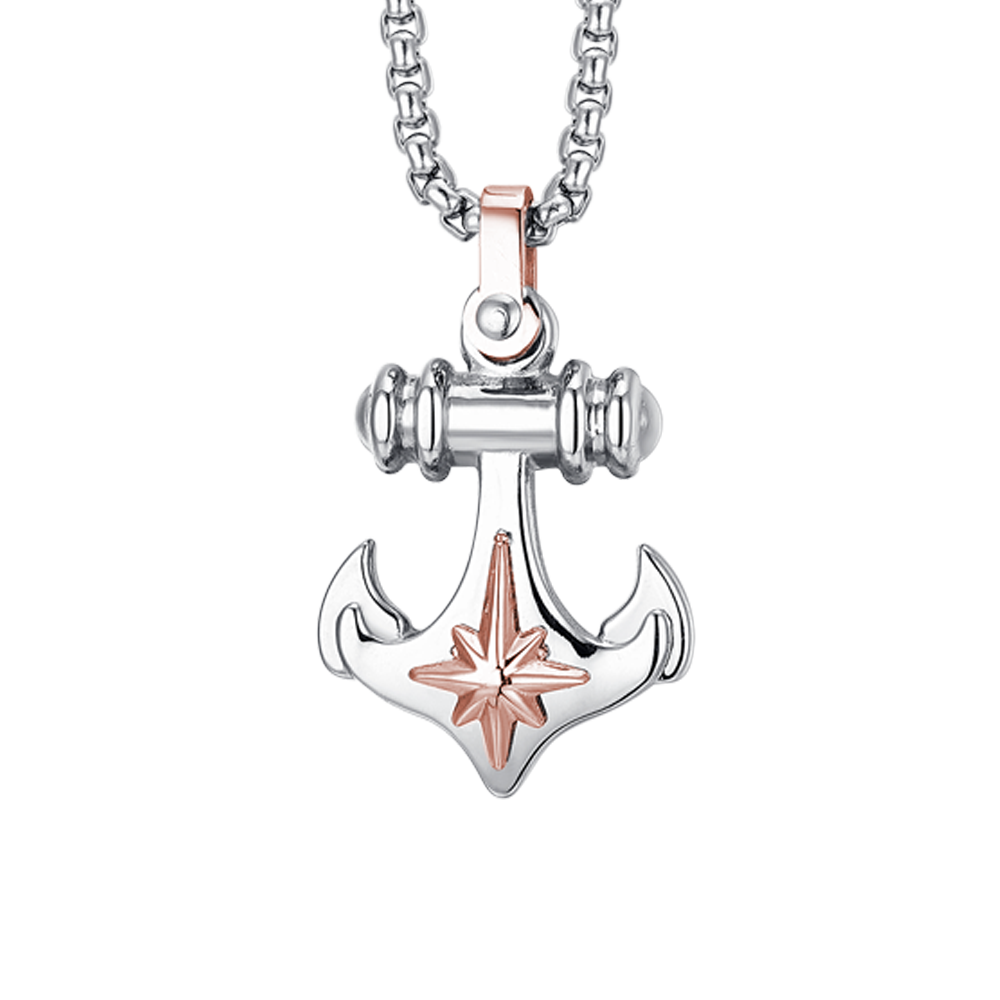 MEN'S STEEL ANCHOR AND COMPASS ROSE NECKLACE