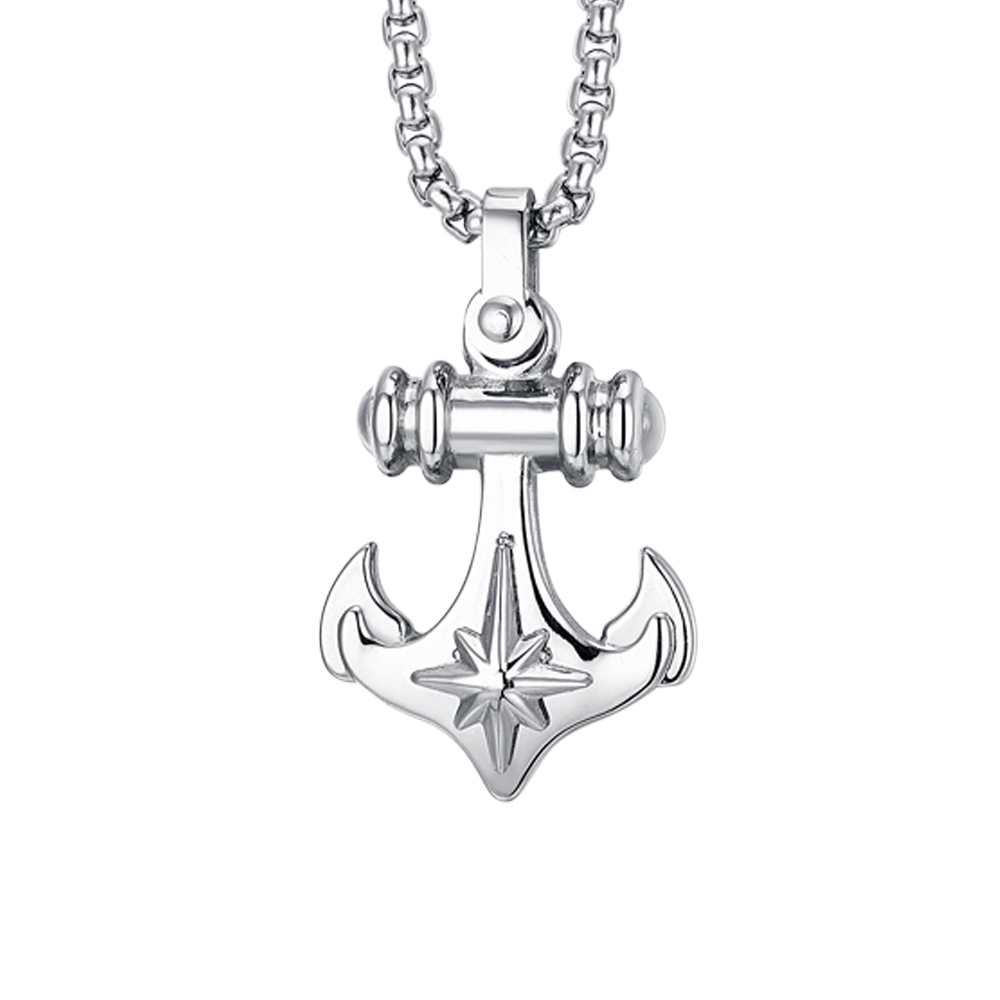 MEN'S STEEL ANCHOR AND COMPASS ROSE NECKLACE