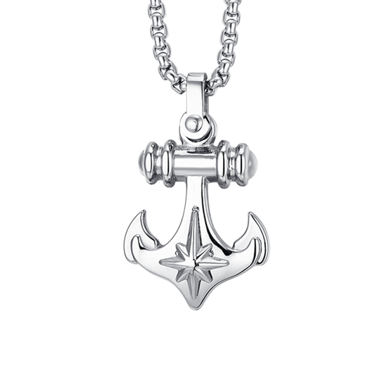 MEN'S STEEL ANCHOR AND COMPASS ROSE NECKLACE