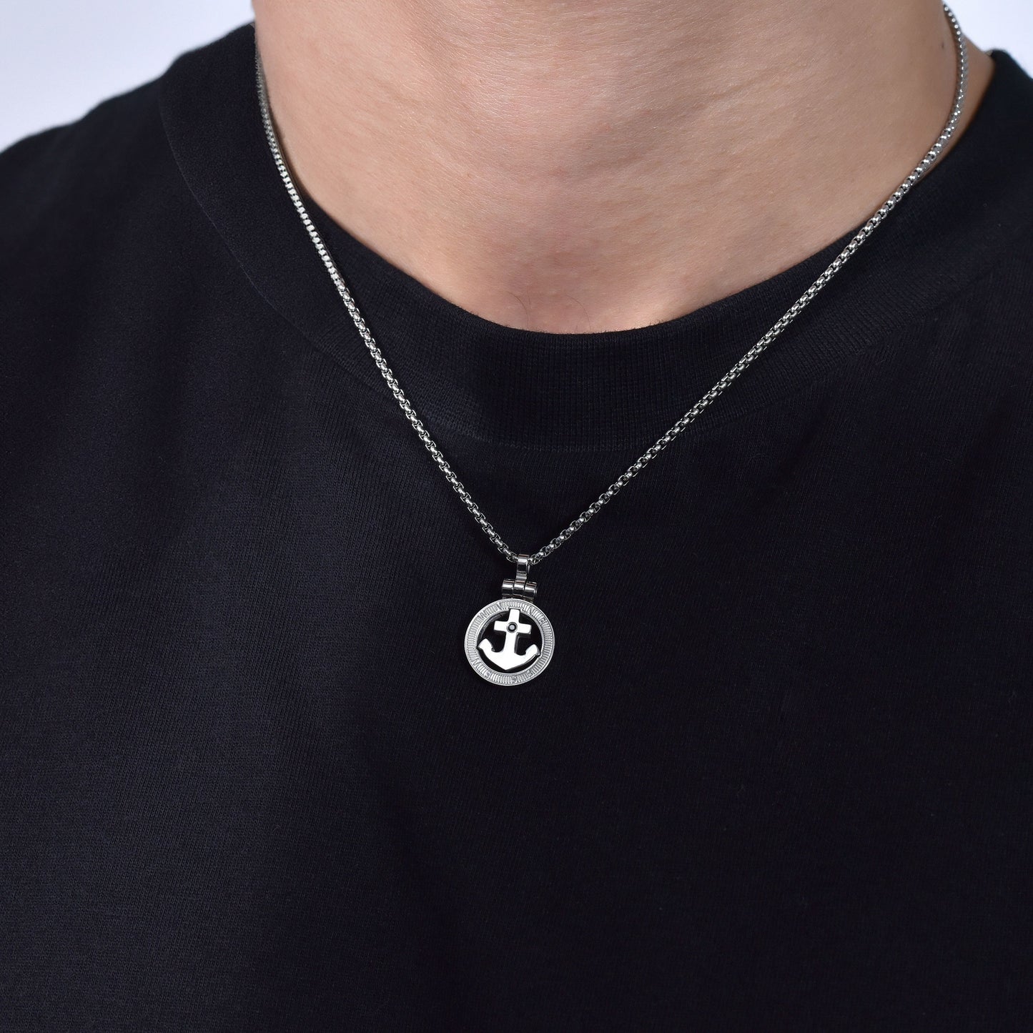 MEN'S STEEL ANCHOR AND BLACK CRYSTAL NECKLACE