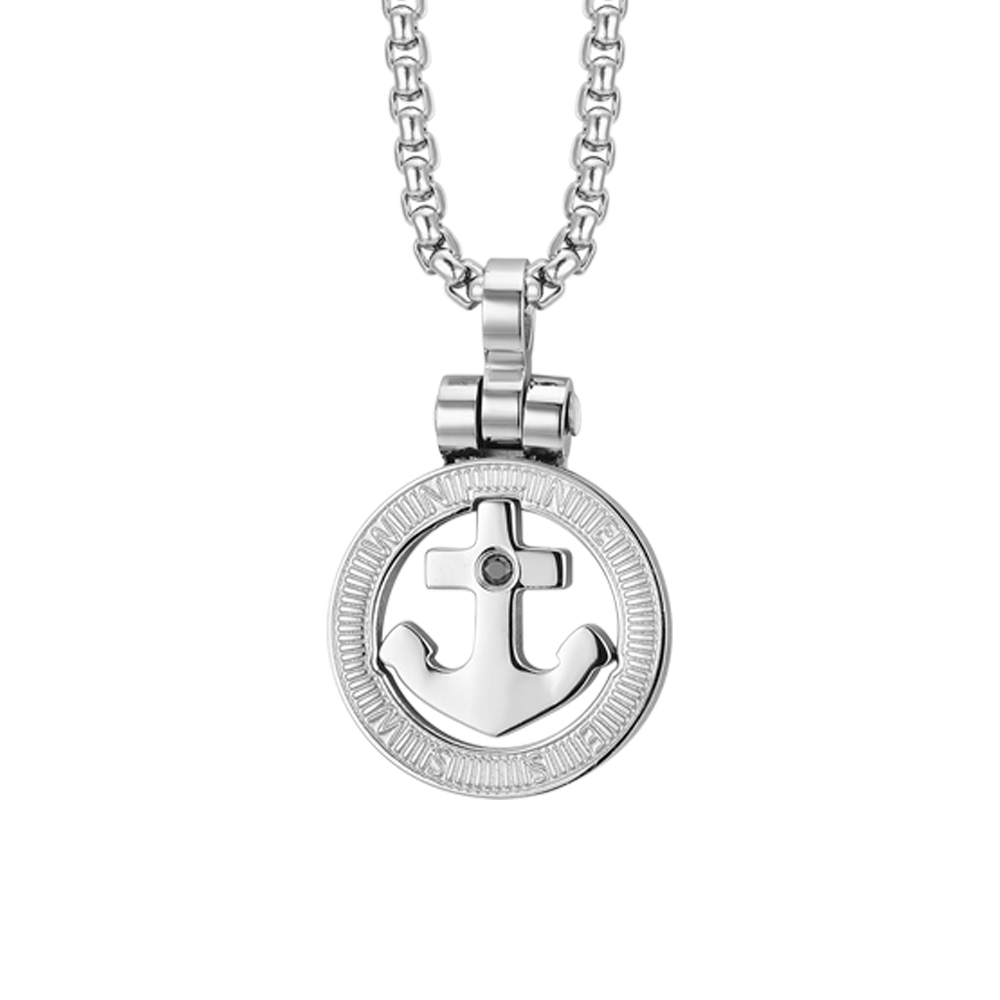 MEN'S STEEL ANCHOR AND BLACK CRYSTAL NECKLACE