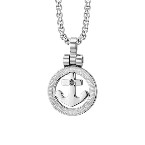 MEN'S STEEL ANCHOR AND BLACK CRYSTAL NECKLACE