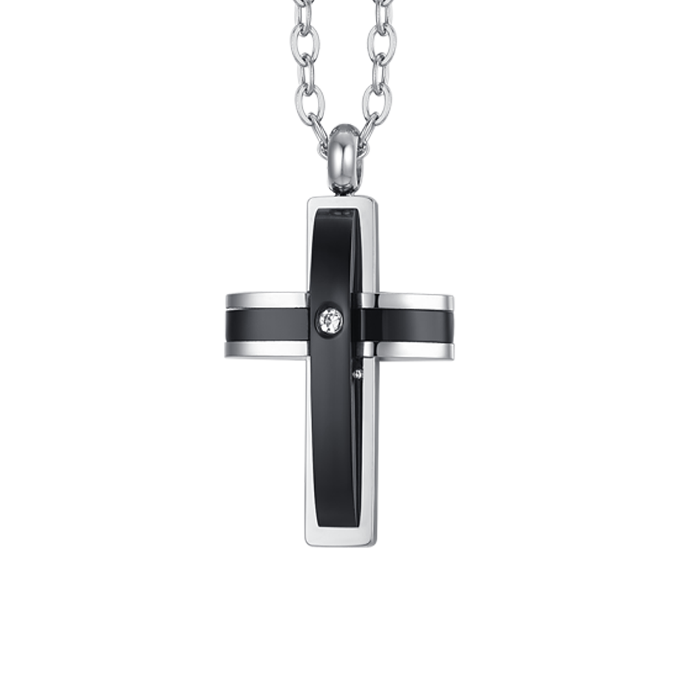 BLACK IP CROSS STEEL MEN'S NECKLACE WITH CUBIC ZIRCONIA