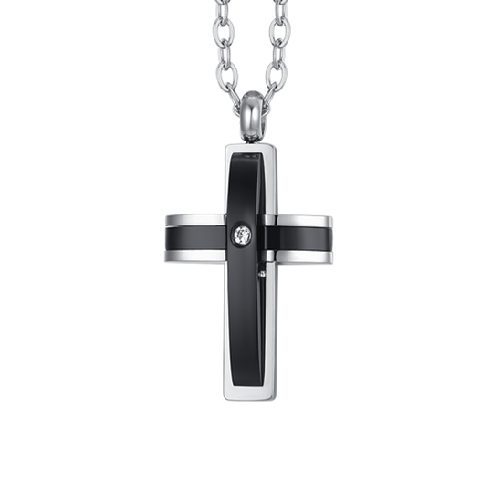 BLACK IP CROSS STEEL MEN'S NECKLACE WITH CUBIC ZIRCONIA