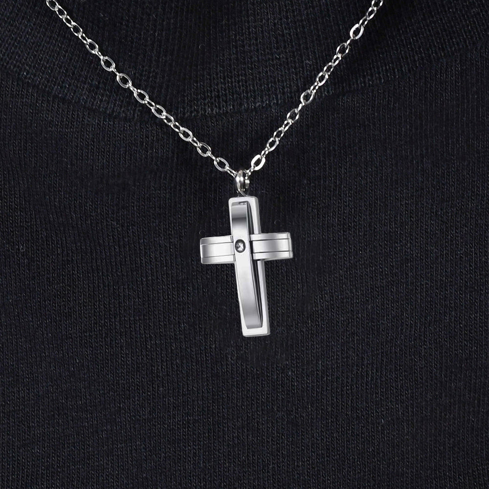 STEEL CROSS AND CUBIC ZIRCON NECKLACE FOR MEN