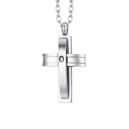 STEEL CROSS AND CUBIC ZIRCON NECKLACE FOR MEN