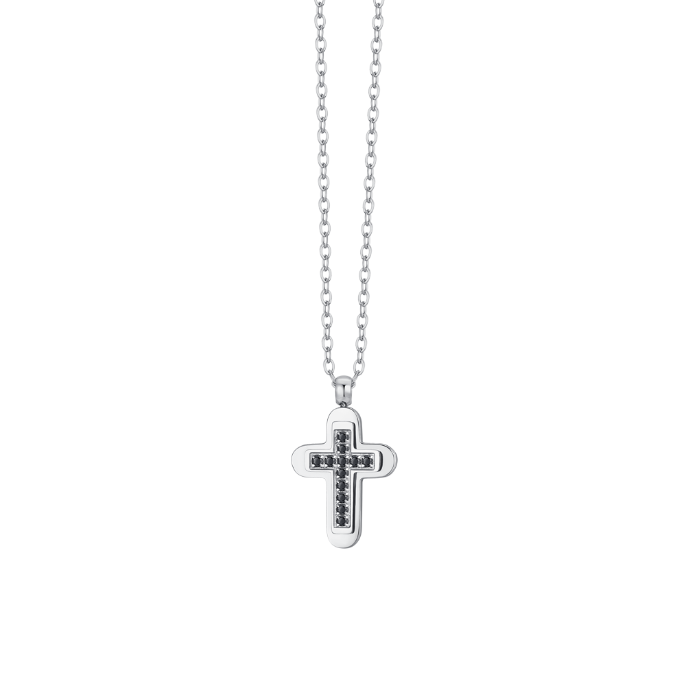 MEN'S STEEL CROSS AND BLACK CUBIC ZIRCONIA NECKLACE