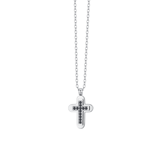 MEN'S STEEL CROSS AND BLACK CUBIC ZIRCONIA NECKLACE