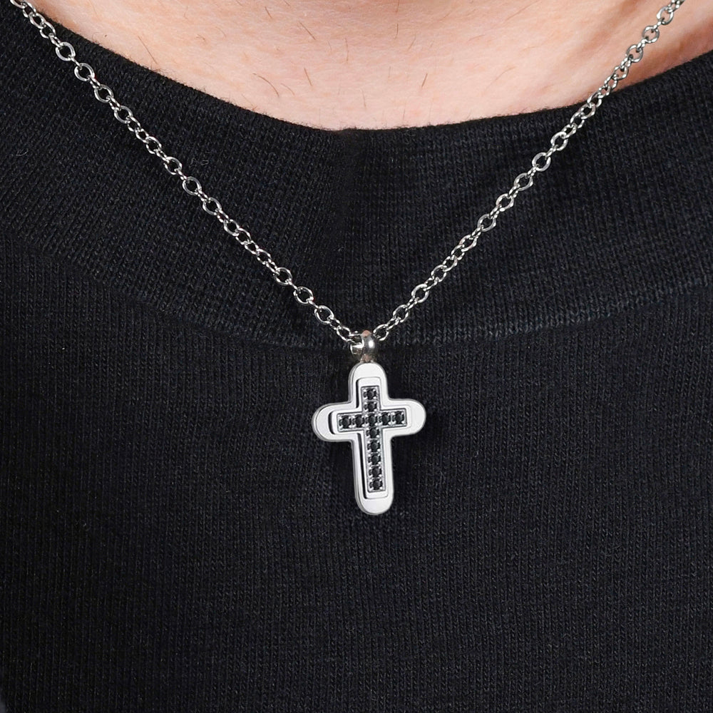 MEN'S STEEL CROSS AND BLACK CUBIC ZIRCONIA NECKLACE