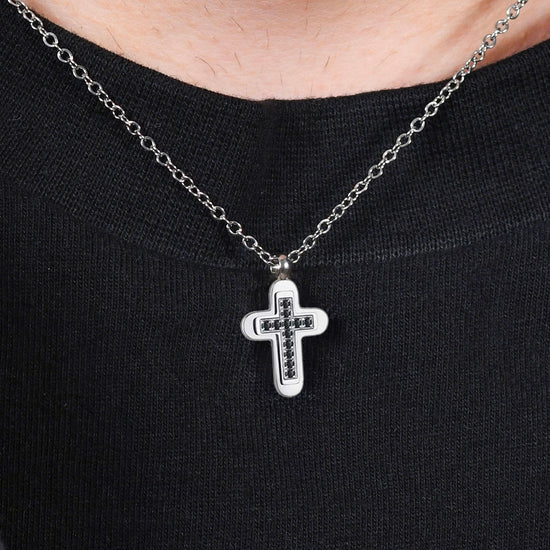 MEN'S STEEL CROSS AND BLACK CUBIC ZIRCONIA NECKLACE