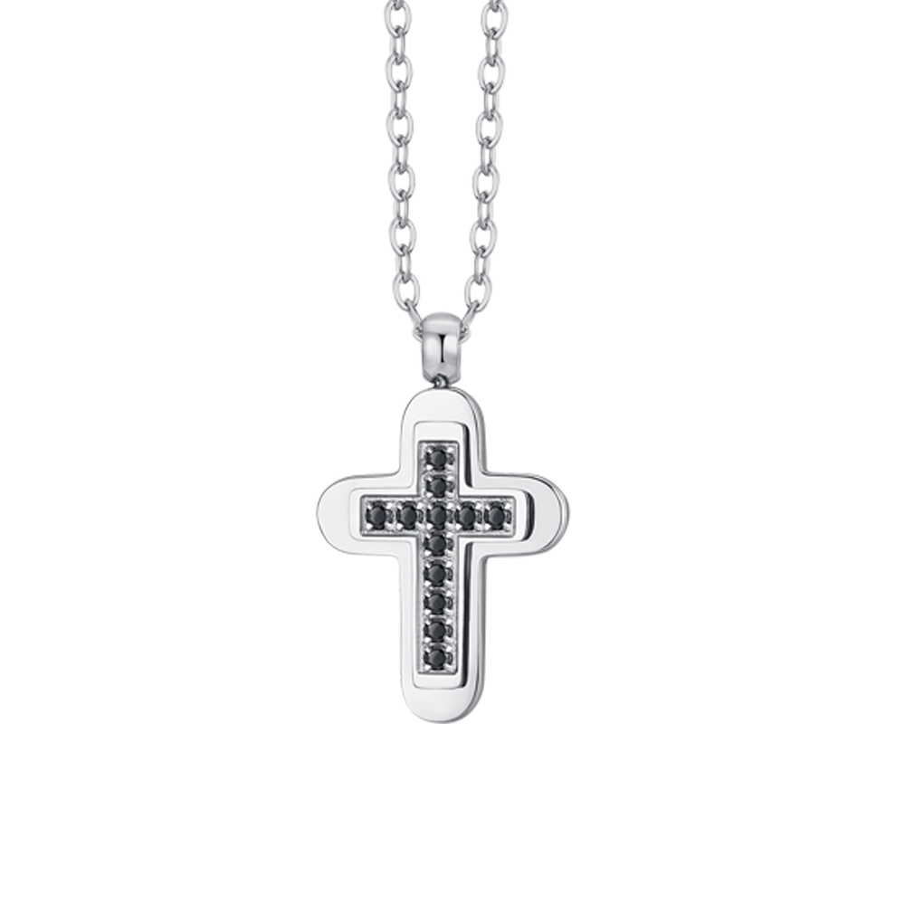 MEN'S STEEL CROSS AND BLACK CUBIC ZIRCONIA NECKLACE