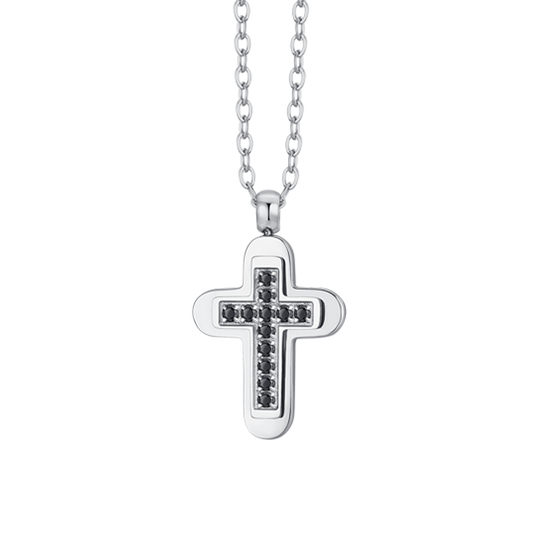 MEN'S STEEL CROSS AND BLACK CUBIC ZIRCONIA NECKLACE