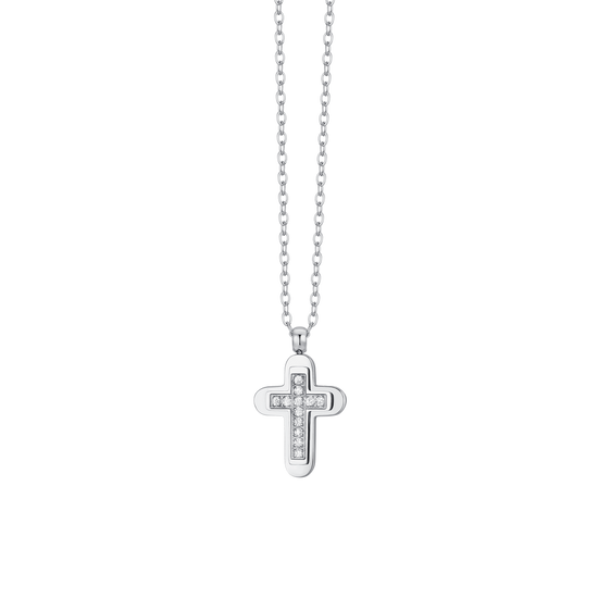 STEEL MEN'S CROSS AND WHITE CUBIC ZIRCONIA NECKLACE