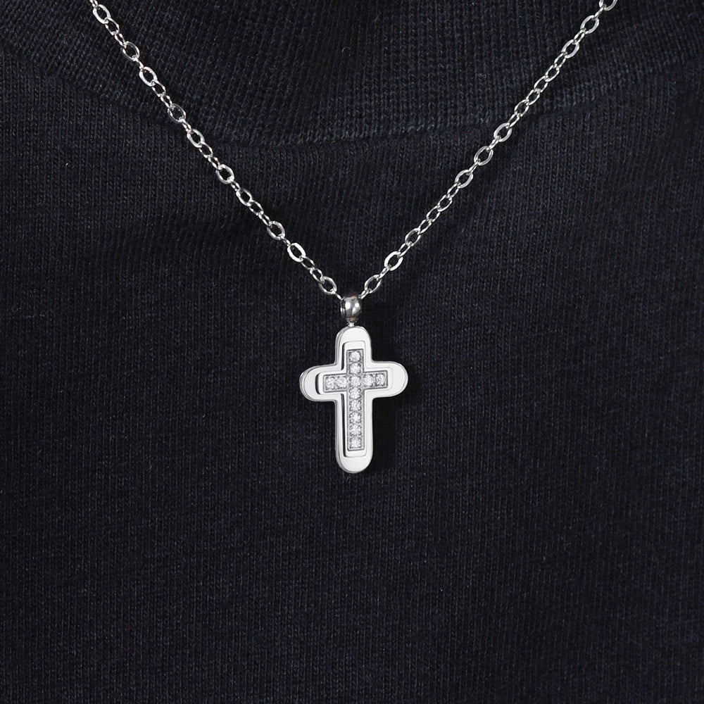 STEEL MEN'S CROSS AND WHITE CUBIC ZIRCONIA NECKLACE