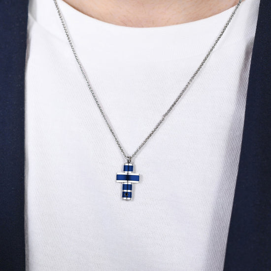 MEN'S STEEL CROSS IP BLUE NECKLACE