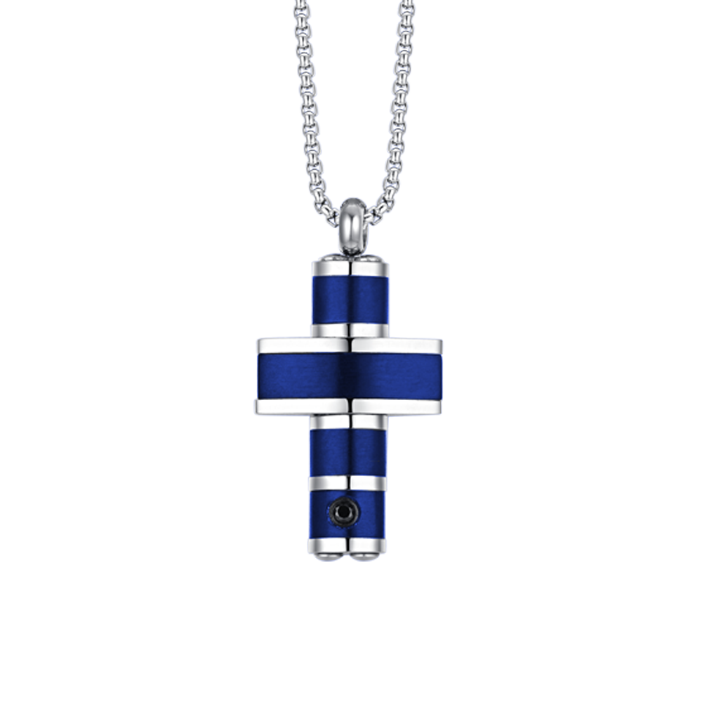 MEN'S STEEL CROSS IP BLUE NECKLACE