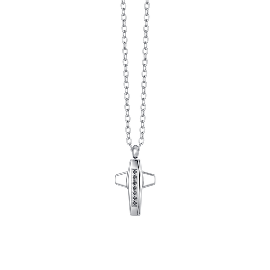 MEN'S STEEL CROSS AND BLACK CUBIC ZIRCONIA NECKLACE