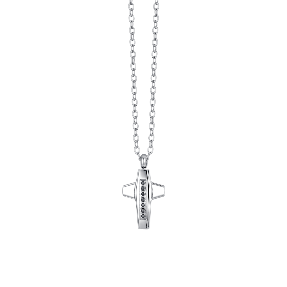 MEN'S STEEL CROSS AND BLACK CUBIC ZIRCONIA NECKLACE