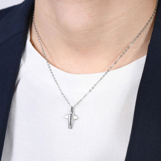 MEN'S STEEL CROSS AND BLACK CUBIC ZIRCONIA NECKLACE