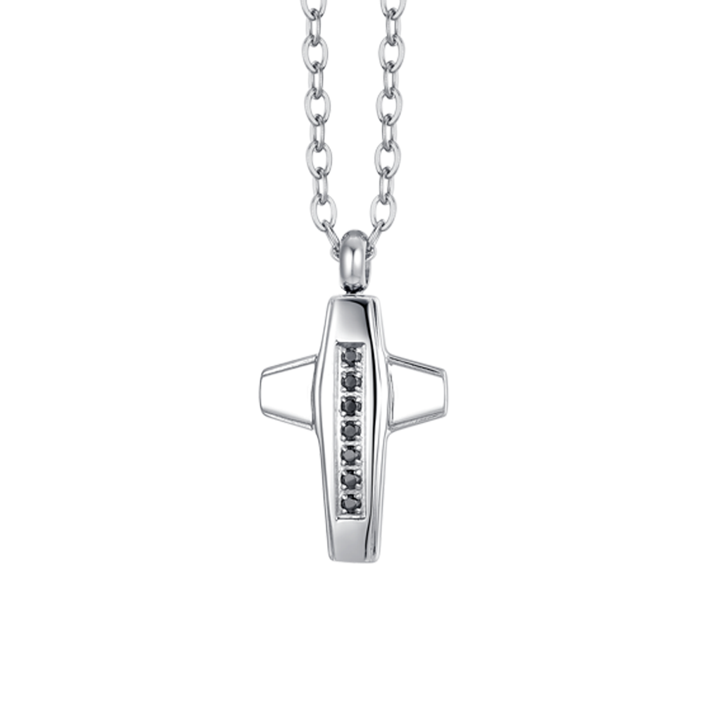 MEN'S STEEL CROSS AND BLACK CUBIC ZIRCONIA NECKLACE