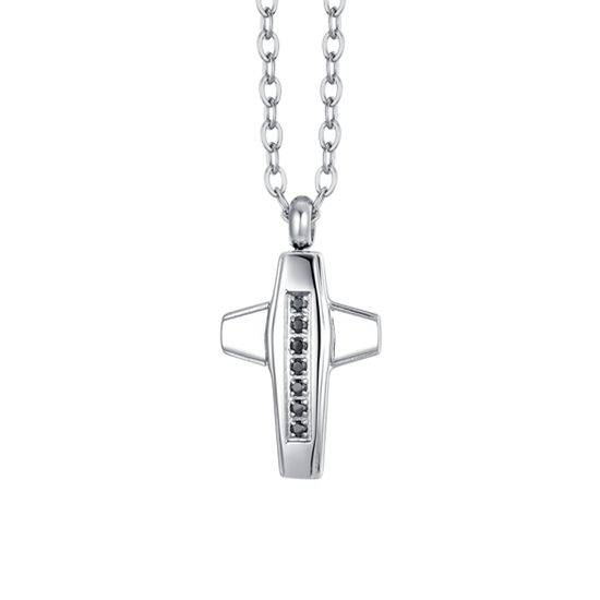 MEN'S STEEL CROSS AND BLACK CUBIC ZIRCONIA NECKLACE