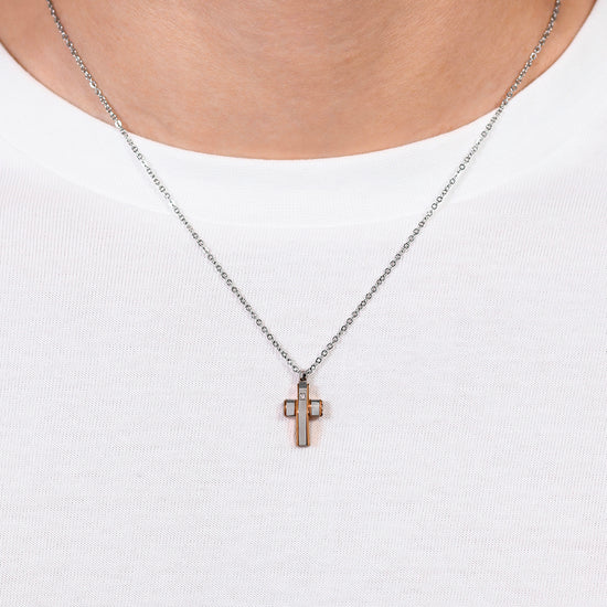 MEN'S STEEL CROSS AND STEEL IP ROSE GOLD NECKLACE