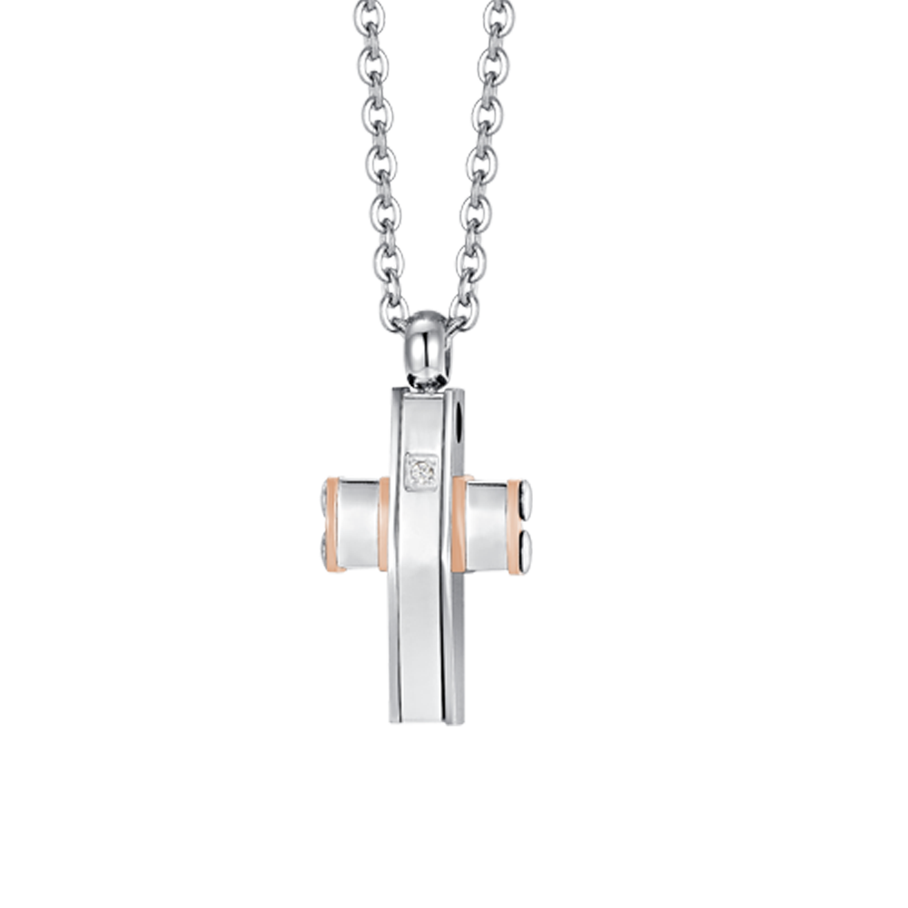 MEN'S STEEL CROSS AND STEEL IP ROSE GOLD NECKLACE