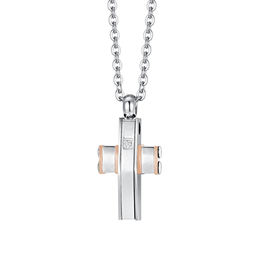 MEN'S STEEL CROSS AND STEEL IP ROSE GOLD NECKLACE