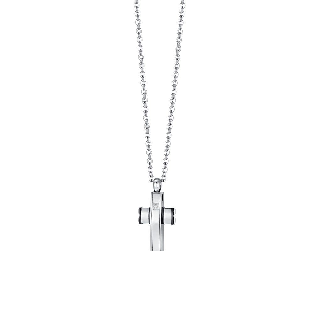 MEN'S STEEL CROSS AND STEEL IP BLACK NECKLACE