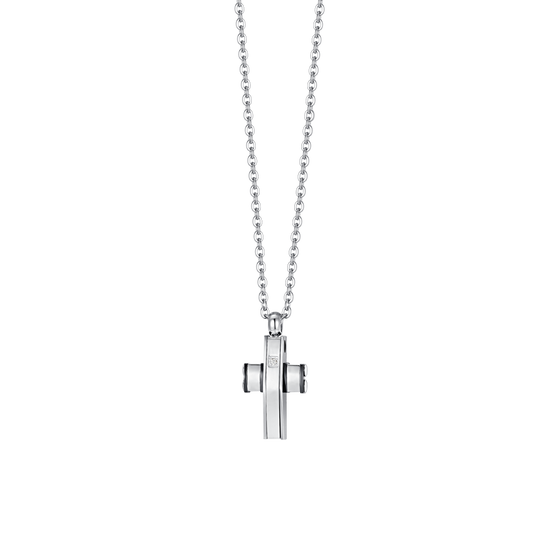 MEN'S STEEL CROSS AND STEEL IP BLACK NECKLACE