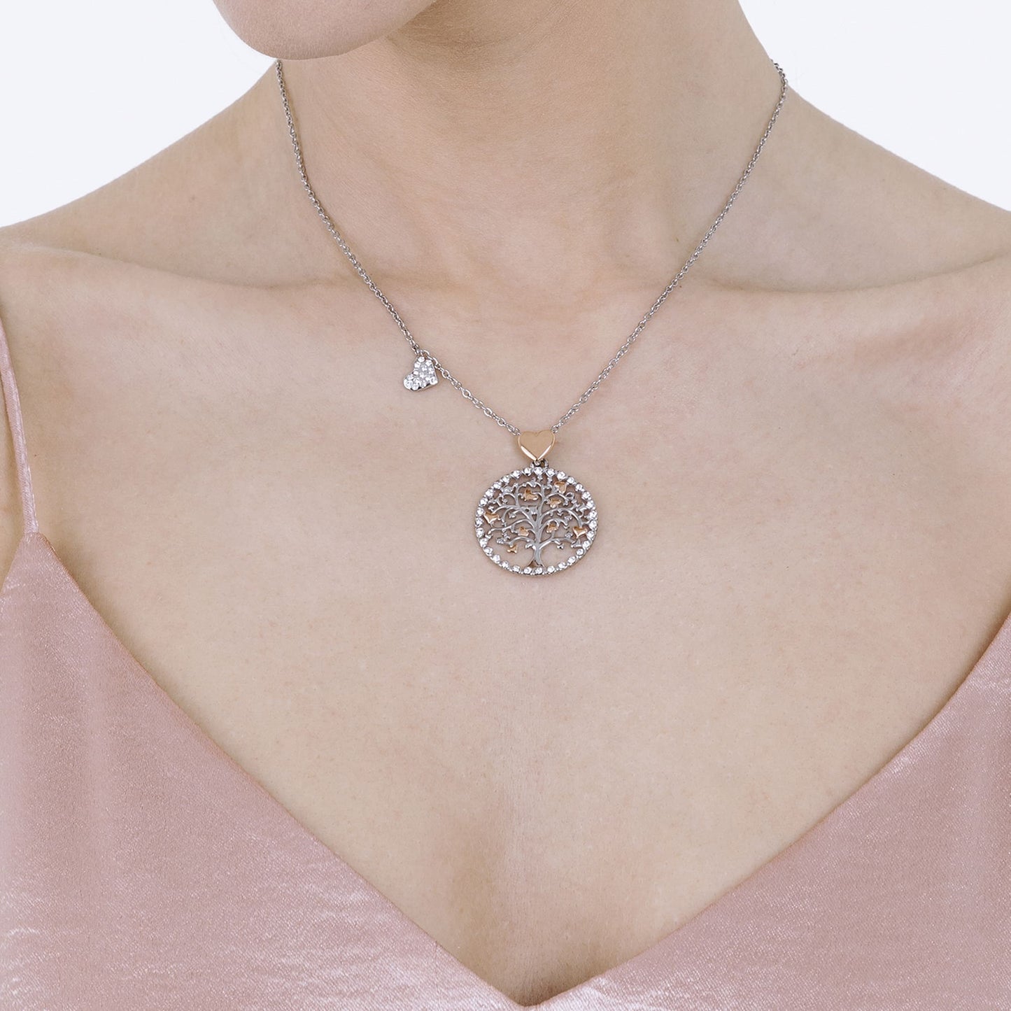 STEEL WOMEN'S NECKLACE, TREE OF LIFE WITH ROSE HEARTS'