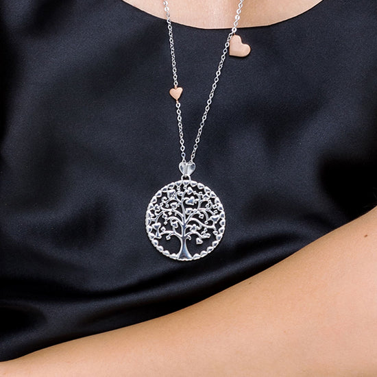 WOMEN'S LONG STEEL TREE OF LIFE NECKLACE WITH ROSE ELEMENTS'