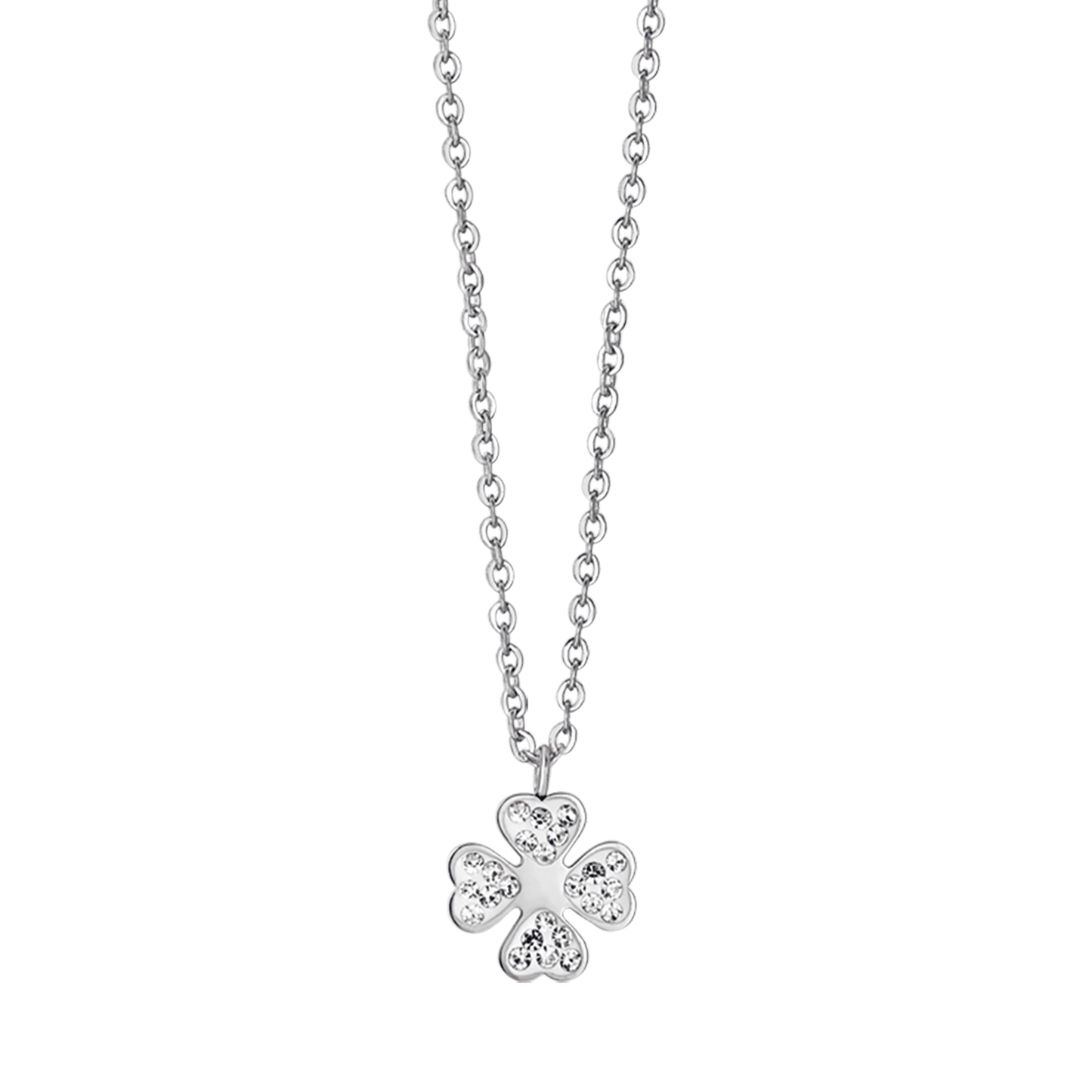 WOMEN'S STEEL NECKLACE WITH FOUR-LEAF CLOVER AND WHITE CRYSTALS