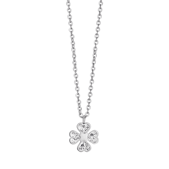 WOMEN'S STEEL NECKLACE WITH FOUR-LEAF CLOVER AND WHITE CRYSTALS