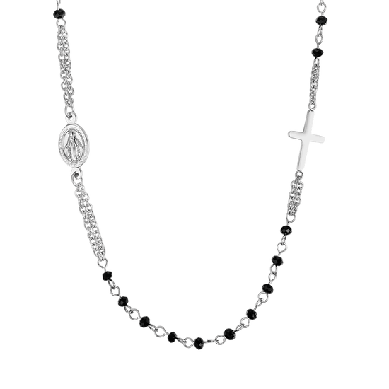 WOMEN'S STEEL ROSARY NECKLACE WITH BLACK CRYSTALS