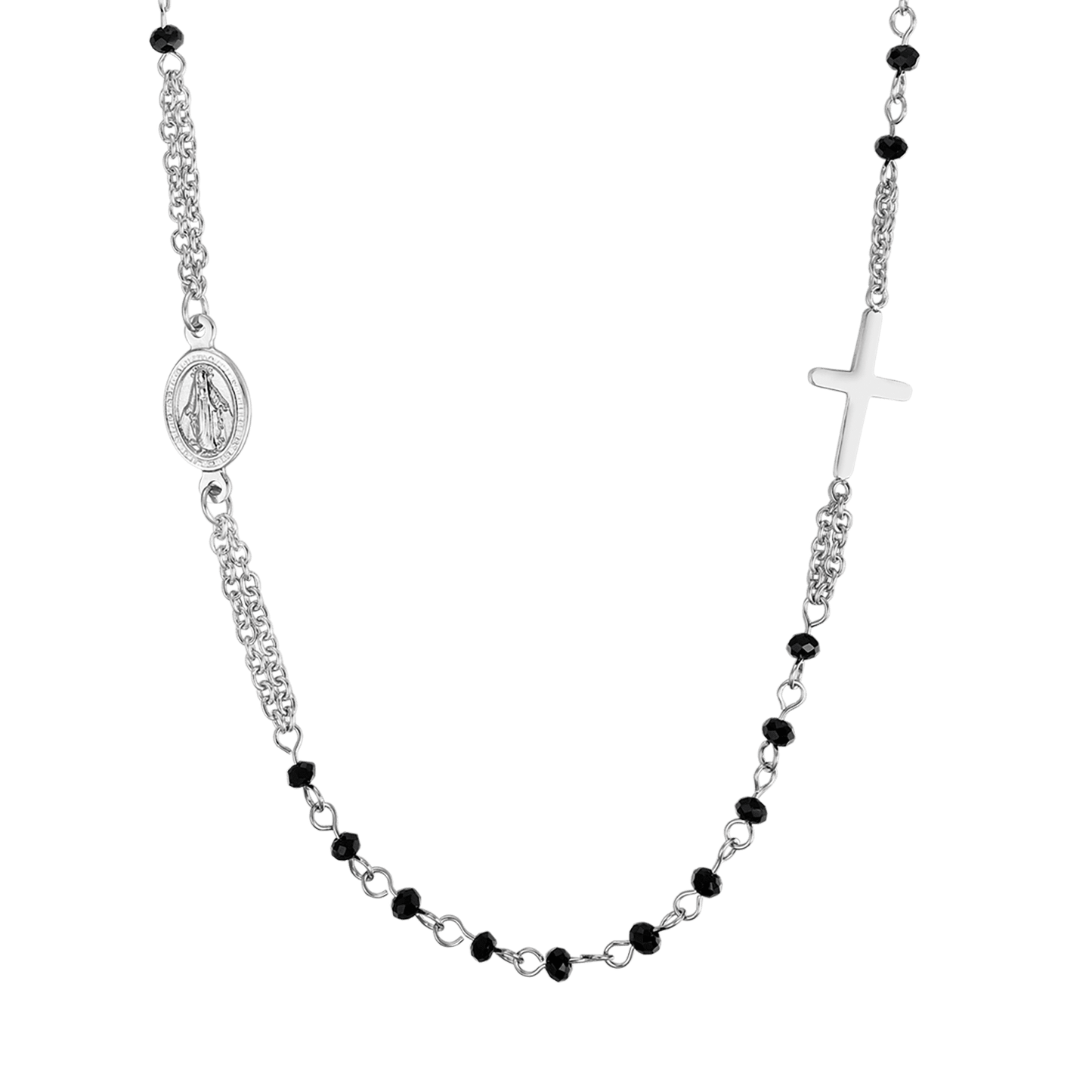 WOMEN'S STEEL ROSARY NECKLACE WITH BLACK CRYSTALS