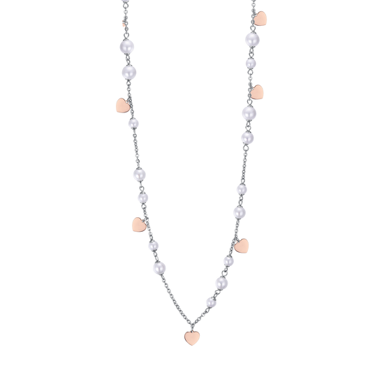 STEEL NECKLACE WITH WHITE PEARLS AND HEARTS IP ROSES