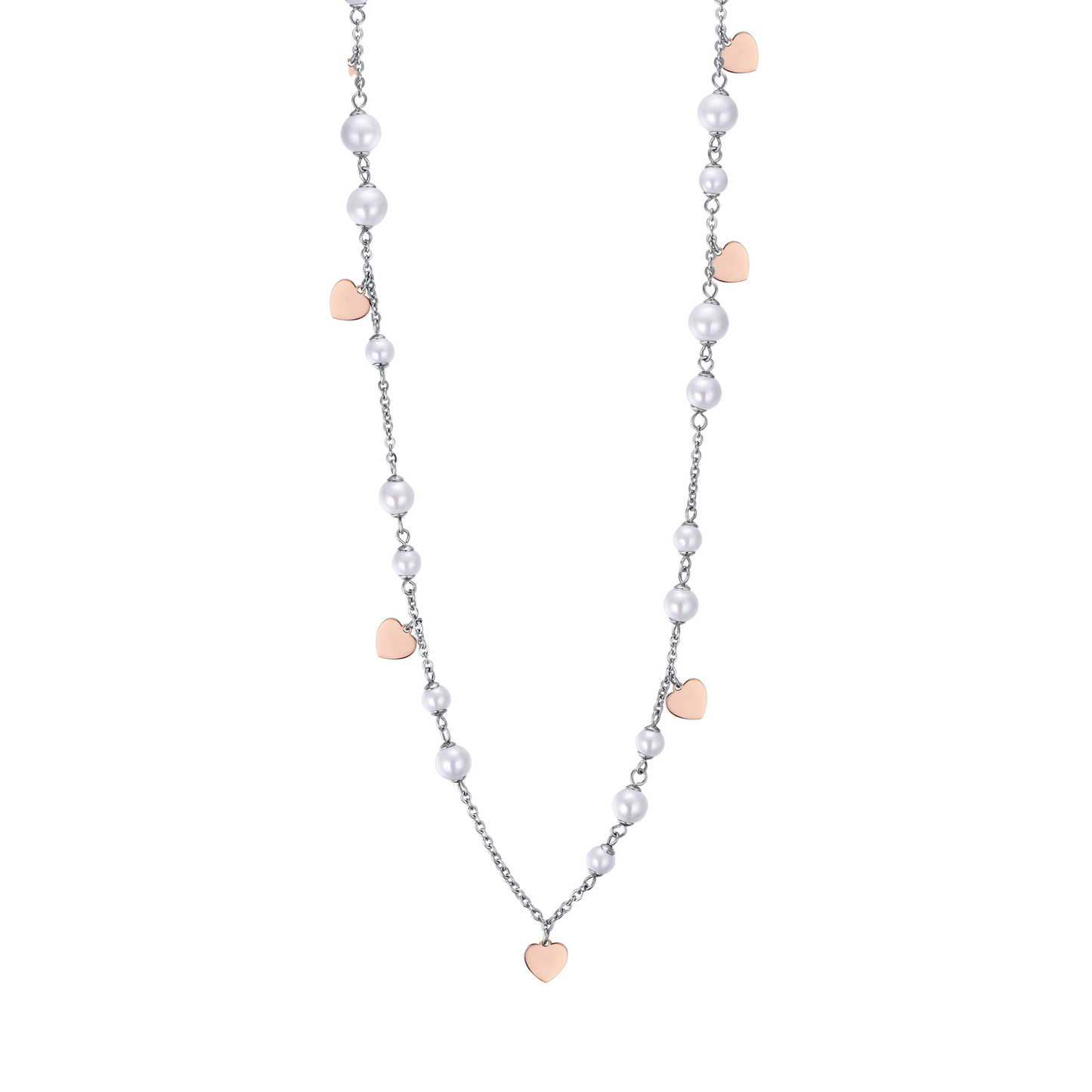 STEEL NECKLACE WITH WHITE PEARLS AND ROSE IP HEARTS Luca Barra