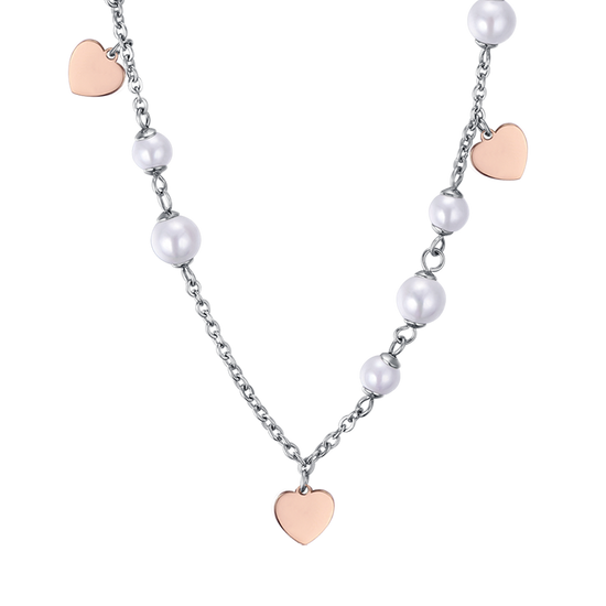 STEEL NECKLACE WITH WHITE PEARLS AND HEARTS IP ROSES